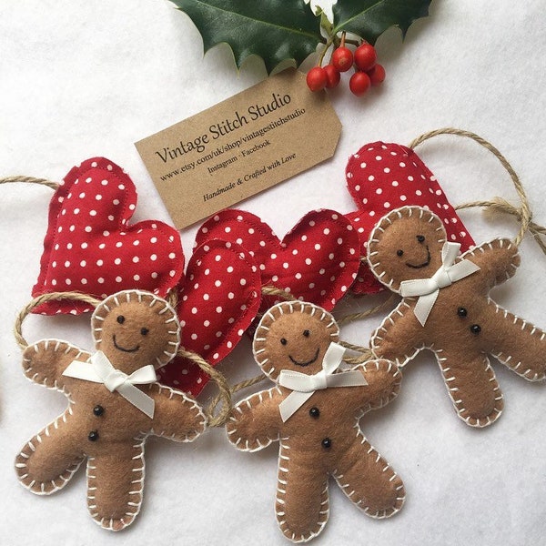 Gingerbread Man Garland - Christmas Garland - Christmas Bunting - Felt Gingerbread & Heart Garland