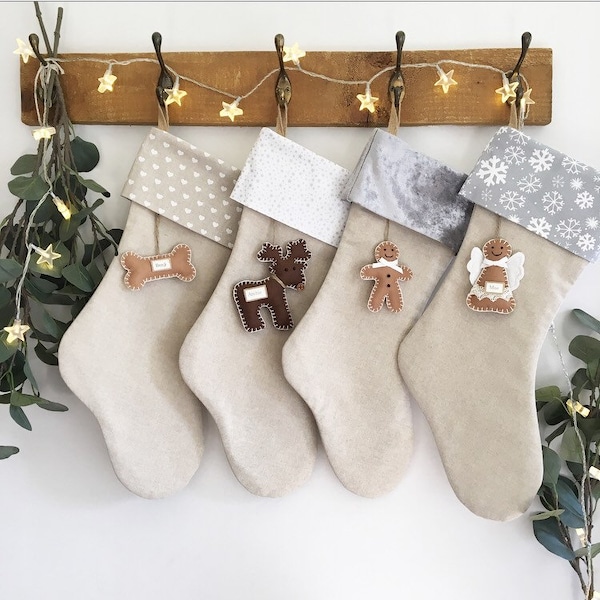 Personalised Christmas Stocking, Rustic Stocking, Natural Christmas Decoration, Luxury Stocking, Gingerbread Man, Dog Stocking, Pet Stocking