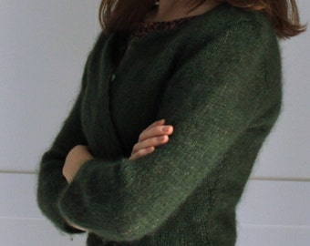 Green Soft Mohair Cardigan Hand Knit Sweater, 3 4 Sleeves, Mohair Button Up Sweater, Mohair Silk Cardigan, Round Neckline, Customized