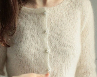 Mohair Wedding Sweater, Hand Knit Bridal Bolero, Ecru Cardigan, Fluffy Personalized Shrug