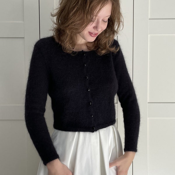 Pull noir duveteux, veste noire en mohair, cardigan de mariée en tricot, boléro de bal de promo de mariage flou en tricot, pull pour femme en tricot, Kate Middleton