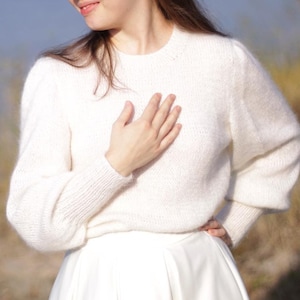 Pullover with Balloon Sleeves, Pullover with Puffs, Merino Sweater, White Merino Jumper,  Wedding Sweater, Elegant White Sweater