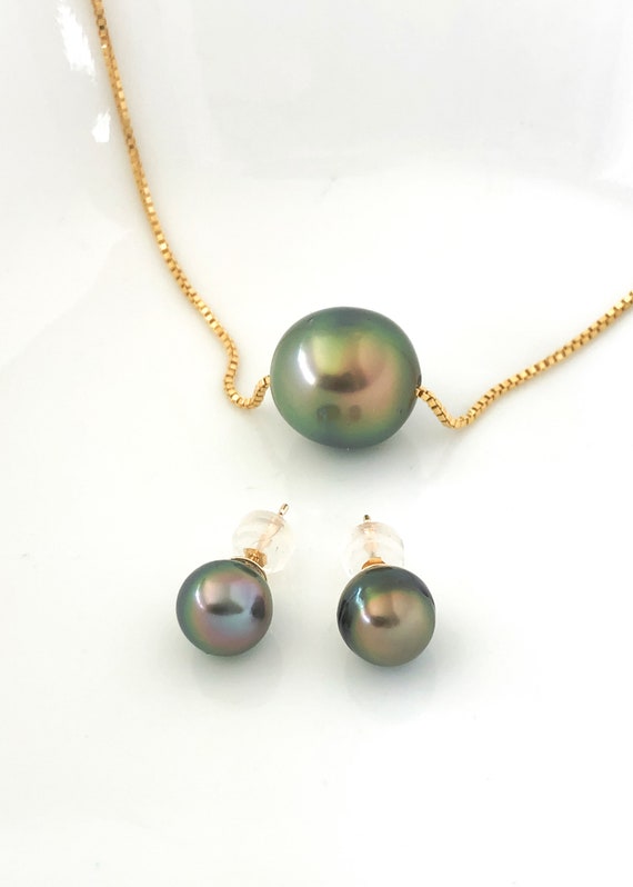 Tahitian Pearl Necklace Earrings Set 