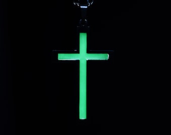 Stainless Steel Cross Necklace, Green Glow in the Dark Necklace, Christian Necklace, Boys Cross Necklace, Cross pendant, Birthday Gift