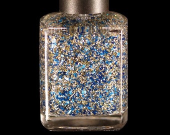 Camelot-ta Romance Royal Blue Gold and White 10 Free Vegan Flakie Nail Polish Topcoat