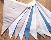 Blue, oatmeal and cream linen fabric bunting | Double-sided | 12 flags | approx 3 metres