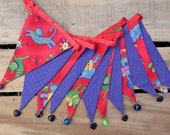 Red and purple colourful cat fabric bunting | Double-sided | 12 flags | approx 3 metres | Nursery, Christening, Child's bedroom