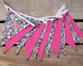 Vintage-style sewing/cotton reels pink fabric bunting | Double-sided | 12 flags | approx 2.9 metres