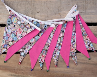 Vintage-style sewing/cotton reels pink fabric bunting | Double-sided | 12 flags | 3 metres
