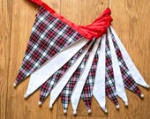 Red, black and cream tartan fabric bunting | Double-sided | 12 flags | approx 3 metres
