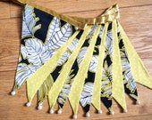Black and yellow leaf print plant fabric bunting | Double-sided | 12 flags | approx 3 metres