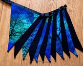 Blue spooky trees silhouette fabric bunting | Double-sided | 12 flags | approx 3 metres