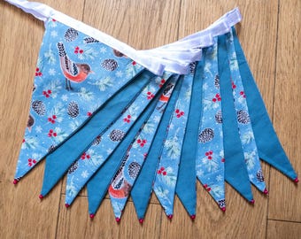 Robins and fir cones blue Christmas fabric bunting | Double-sided | 12 flags | 3 metres