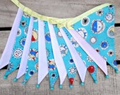 Colourful sun, moon and stars pattern fabric bunting | Double-sided | 12 flags | approx 3 metres