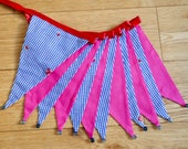 Blue and pink check/gingham fabric bunting | Double-sided | 12 flags | approx 3 metres