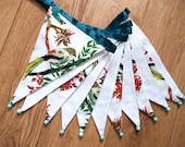 Flowers, leaves and birds fabric bunting | Double-sided | 12 flags | approx 3 metres