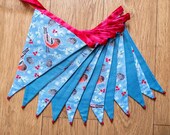 Blue robins and fir cones festive Christmas fabric bunting | Double-sided | 12 flags | approx 3 metres