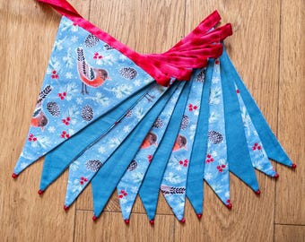 Robins and fir cones blue Christmas fabric bunting | Double-sided | 12 flags | 3 metres