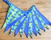 Green and blue geometric diamond pattern fabric bunting | Double-sided | 12 flags | approx 3 metres