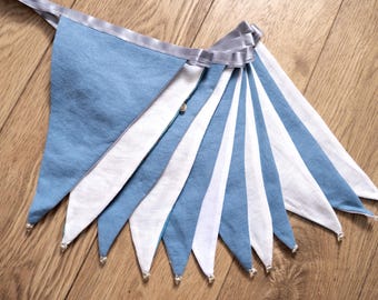 Turquoise and blue linen fabric bunting | Double-sided | 12 flags | 3 metres