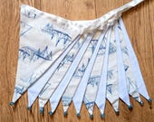 Cream and blue boats and waves nautical fabric bunting | Double-sided | 12 flags | approx 3 metres