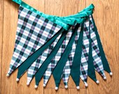 Cream, green and red tartan fabric bunting | Double-sided | 12 flags | approx 3 metres