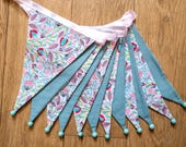 Pink and turquoise floral fabric bunting | Double-sided | 12 flags | Approx 3 metres