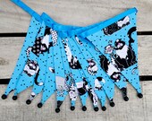 Black & white cartoon cat turquoise spot fabric bunting | Double-sided | 12 flags | approx 3 metres | Nursery, Christening, Child's bedroom