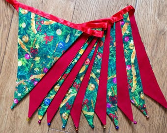 Colourful Christmas tree fabric bunting | Double-sided | 12 flags | 3 metres