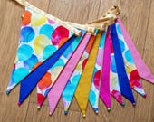 Colourful balloons party fabric bunting | Double-sided | 12 flags | approx 3 metres
