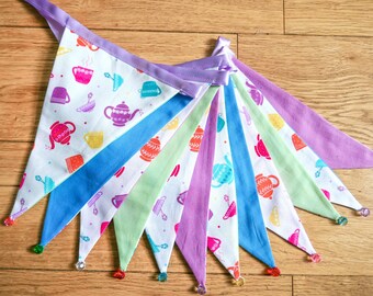 Afternoon tea teapot and cups fabric bunting | Double-sided | 12 flags | 3 metres