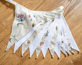 Floral embroidered cream silk fabric bunting | Double-sided | 12 flags | 3 metres
