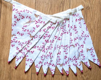 Birds and red berries woodland fabric bunting | Double-sided | 12 flags | 3 metres