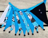 Black & white cartoon cat turquoise spot fabric bunting | Double-sided | 12 flags | approx 3 metres | Nursery, Christening, Child's bedroom