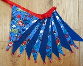 Blue comic book/superhero fabric bunting  | Double-sided | 12 flags | Approx 3 metres  | Home décor, Child's bedroom