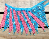 Turquoise and red pencils and spots school fabric bunting | Double-sided | 12 flags | approx 3 metres