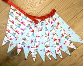 Colourful vintage style Christmas trees and shoppers festive fabric bunting | Double-sided | 12 flags | approx 3 metres
