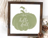 New fall design hello fall sign, fall decor, autumn decor, pumpkin sign, green fall sign, framed sign
