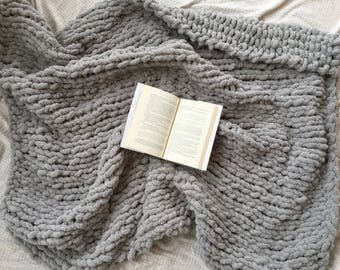 Huge Chunky Knit Blanket | the AVERY, Super Chunky Hand Knit Throw, Extra Chunky Blanket, Thick Knit Blanket, Extra Large, Soft Silver