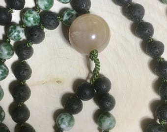 Tree Agate, Lava Stone, Quartz, Silk Cord - Hand Knotted Genuine Crystal Mala, Prayer Beads, Necklace, Yoga, Meditation - 108 beads