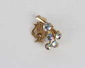 Vintage Small Gold Tone Lyre Harp Brooch Pin with AB Rhinestones