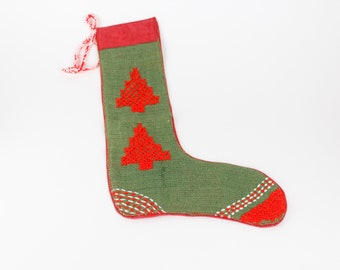 Vintage Hand Stitched Green Burlap Christmas Stocking with Red Cross Stitched Trees