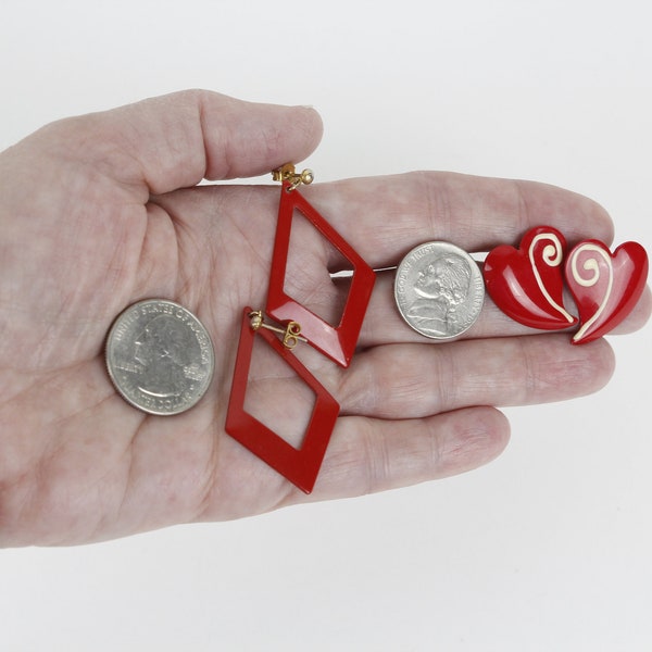 2 Pair of Vintage Red Vintage Enamel Earrings Heart Studs Open Diamond Dangles