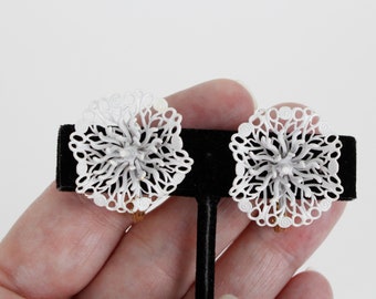 Vintage CLIP ON  Monet White Enamel Filigree 3D Flower Earrings