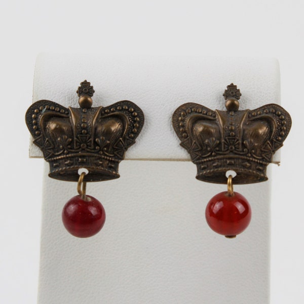 Vintage Bronze Royal Crown Stud Earrings with Red Glass Bead Dangles