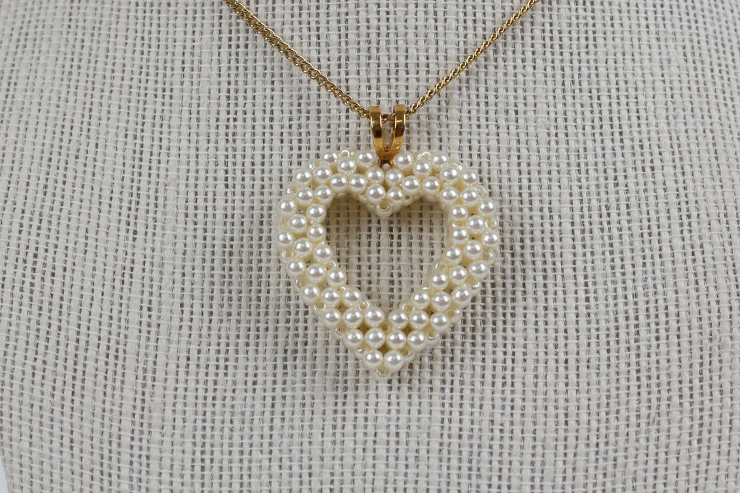 Vintage Faux Pearl Beaded Open Heart Pendant Gold Tone Necklace Etsy