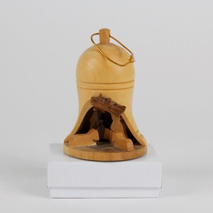 Vintage Olive Wood Nativity Scene Bell Ornament 3D