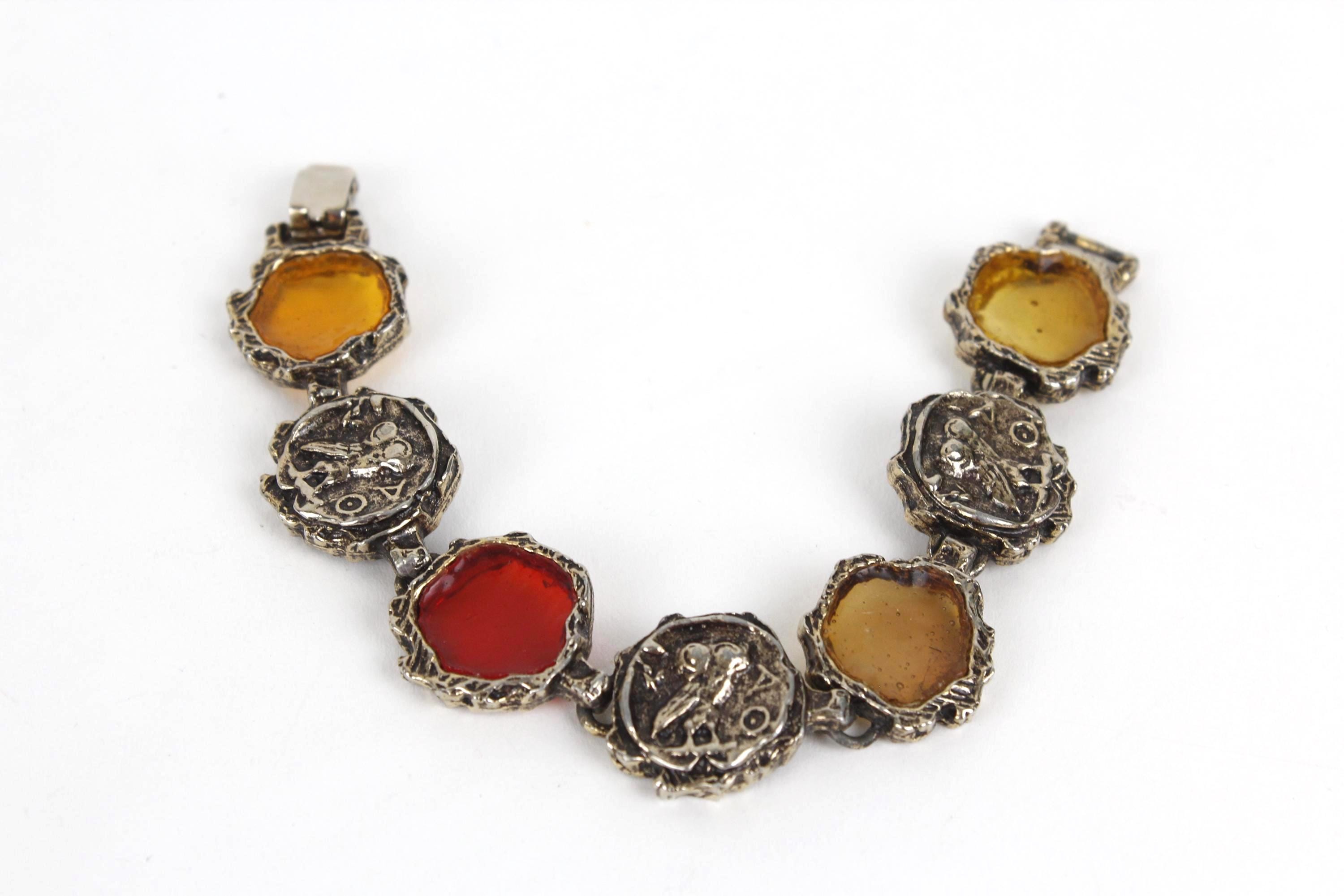 Vintage Faux Owl Coin and Resin link Bracelet Gold Tone Cast Metal