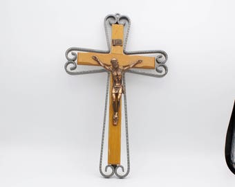 Wood and Copper Tone Metal Crucifix with Iron Work Frame