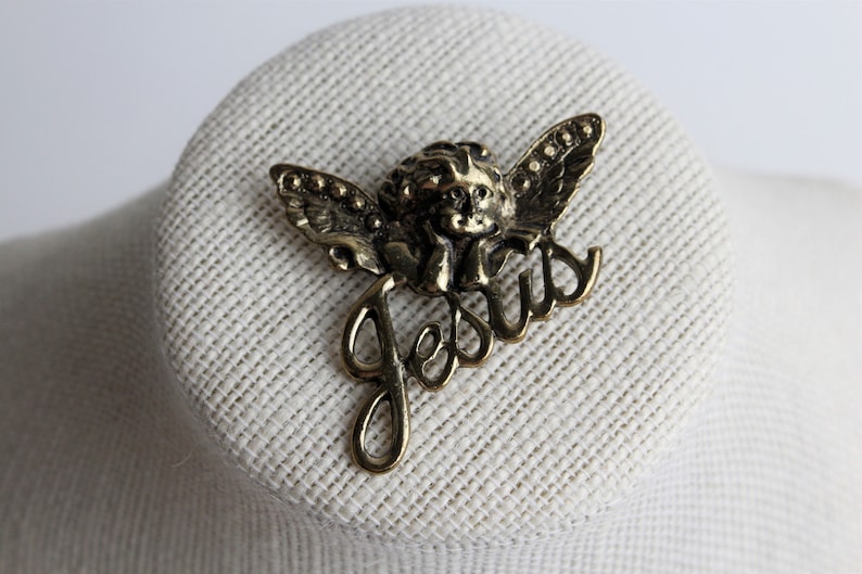Vintage Jesus Angel Antiqued Bronze Finish Brooch Pin